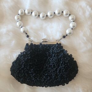 Elegant Black Floral Clutch with Pearl Handle